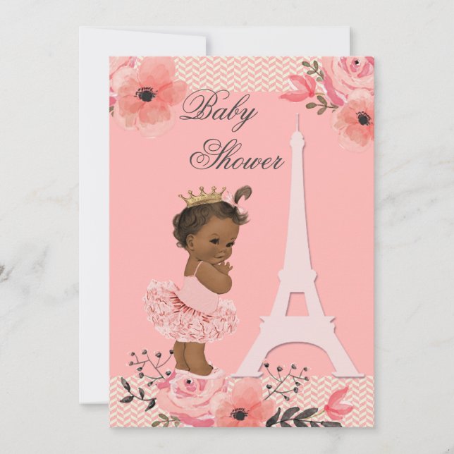 Floral Eiffel Tower Ethnic Princess in Tutu Shower Invitation (Front)