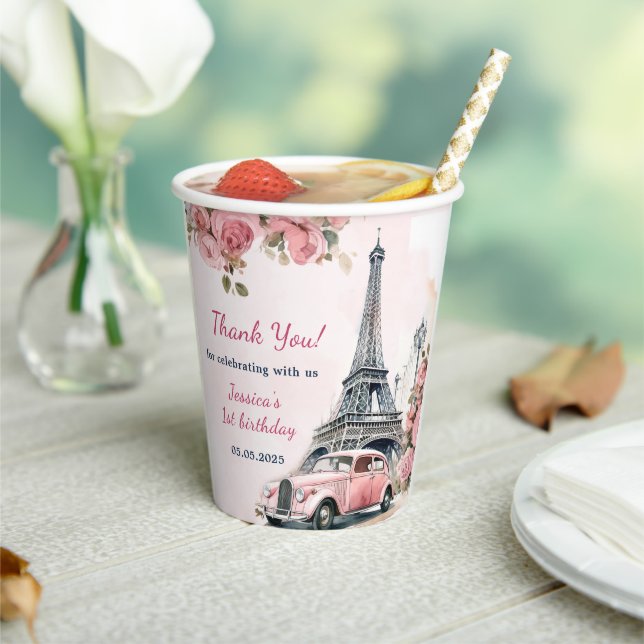 Floral Eiffel Tower Paris 1st Birthday Paper Cups (Insitu)
