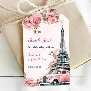 Floral Eiffel Tower Paris 1st Birthday Party Gift Tags