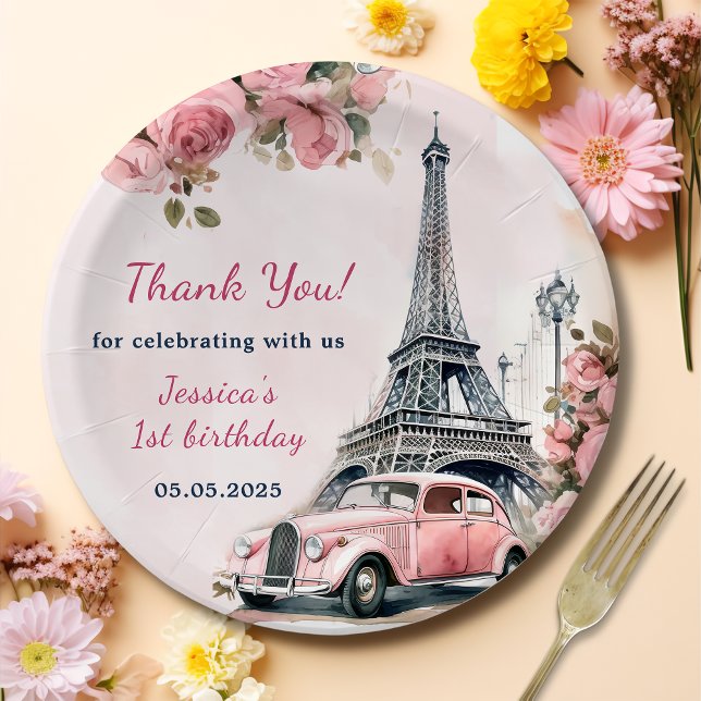 Floral Eiffel Tower Paris 1st Birthday Party Paper Plate (Creator Uploaded)
