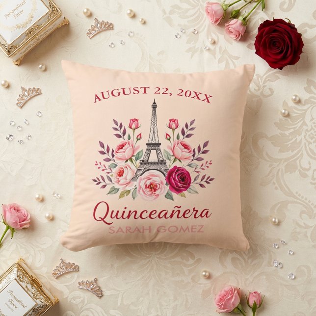 floral eiffel tower quinceanera  throw pillow (Creator Uploaded)