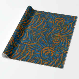 Floral Elegance Blue & Gold, Arts & Crafts Design Wrapping Paper