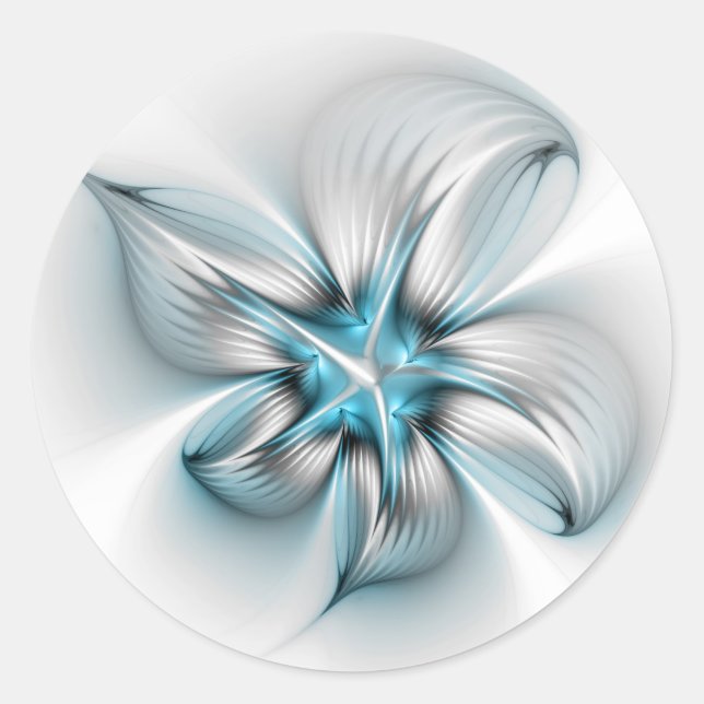 Floral Elegance Modern Abstract Blue Fractal Art Classic Round Sticker (Front)