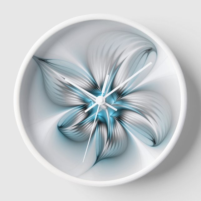 Floral Elegance Modern Abstract Blue Fractal Art Clock (Front)