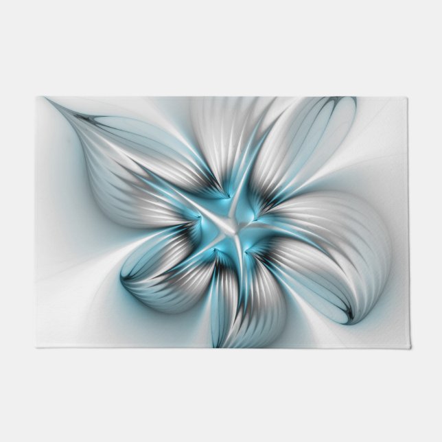 Floral Elegance Modern Abstract Blue Fractal Art Doormat (Front)