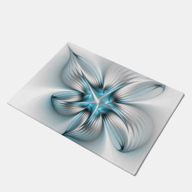 Floral Elegance Modern Abstract Blue Fractal Art Doormat (Angled)