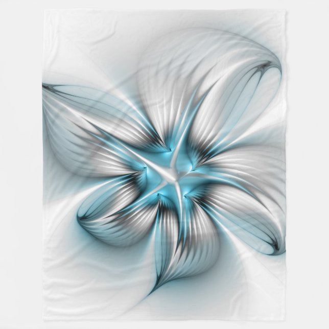 Floral Elegance Modern Abstract Blue Fractal Art Fleece Blanket (Front)