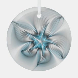Floral Elegance Modern Abstract Blue Fractal Art Glass Ornament