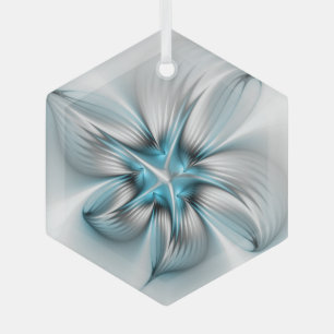 Floral Elegance Modern Abstract Blue Fractal Art Glass Ornament