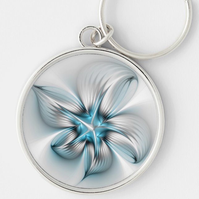 Floral Elegance Modern Abstract Blue Fractal Art Keychain (Front)