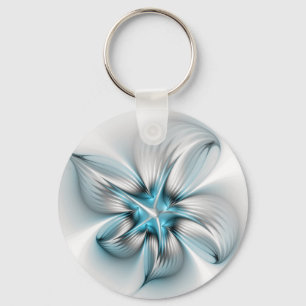 Floral Elegance Modern Abstract Blue Fractal Art Keychain