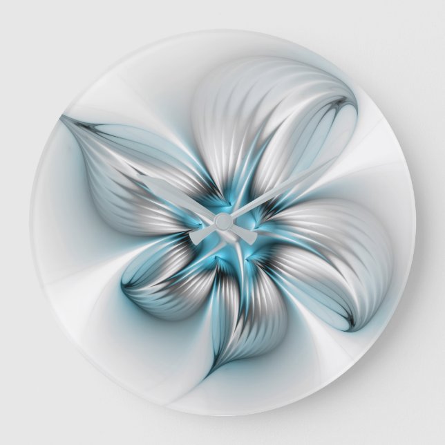 Floral Elegance Modern Abstract Blue Fractal Art Large Clock (Front)