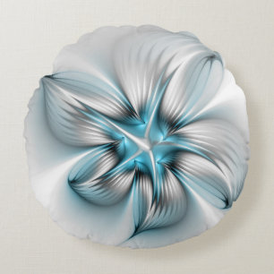 Floral Elegance Modern Abstract Blue Fractal Art Round Pillow