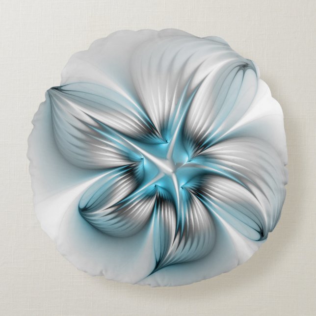 Floral Elegance Modern Abstract Blue Fractal Art Round Pillow (Front)