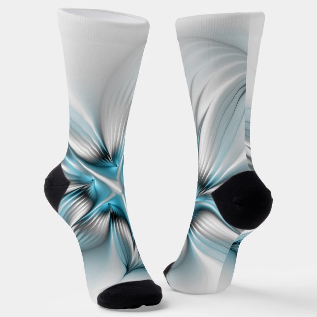 Floral Elegance Modern Abstract Blue Fractal Art Socks (Angled)
