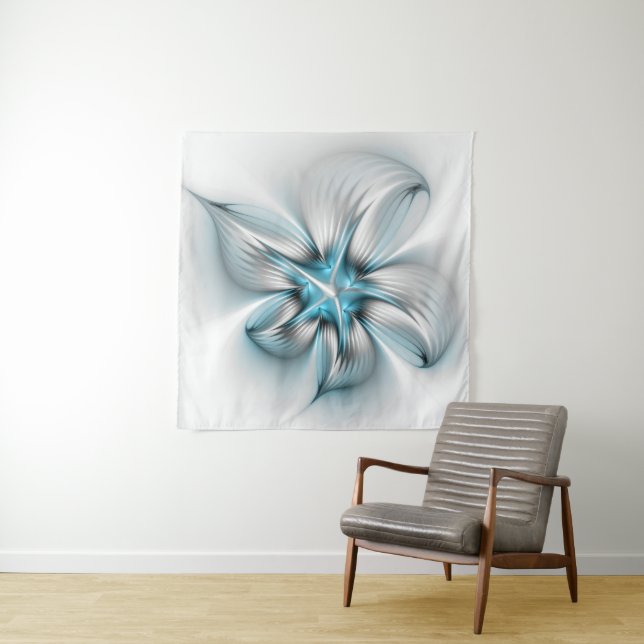 Floral Elegance Modern Abstract Blue Fractal Art Tapestry (In Situ)