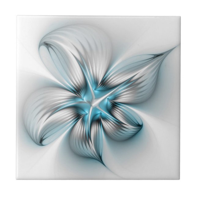 Floral Elegance Modern Abstract Blue Fractal Art Tile (Front)