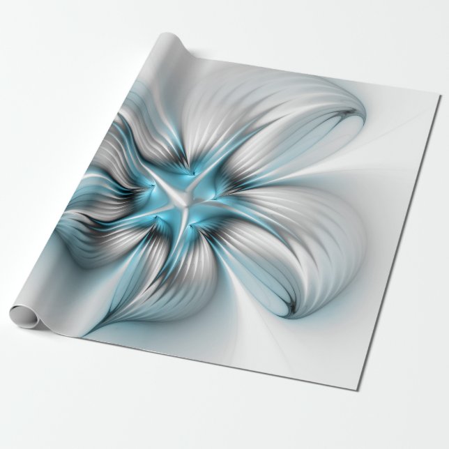 Floral Elegance Modern Abstract Blue Fractal Art Wrapping Paper (Unrolled)