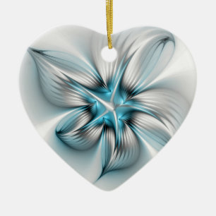 Floral Elegance Modern Abstract Blue Fractal Heart Ceramic Ornament