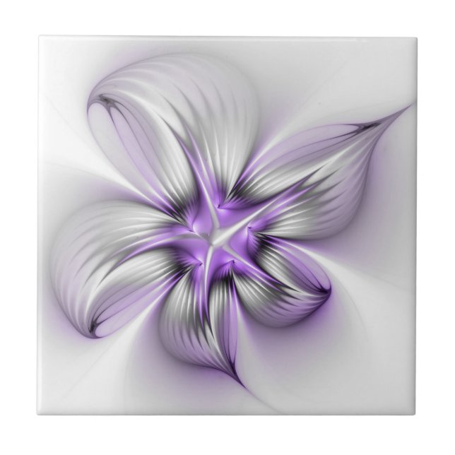 Floral Elegance Modern Abstract Violet Fractal Art Tile (Front)