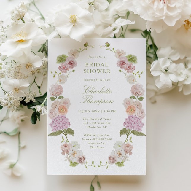 Floral Elegance Pink Green Bridal Shower Invitation (Creator Uploaded)