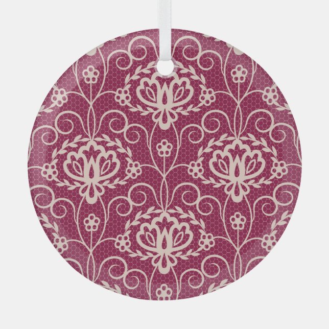 Floral Elegance: Red Lace Pattern Glass Ornament (Front)