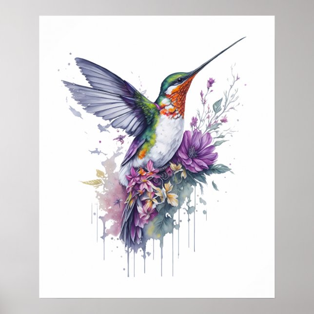 Floral Elegance - Watercolor Hummingbird Poster (Front)