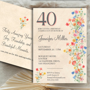 Floral Elegant 40th Birthday, Wildflowers 40 Years Invitation