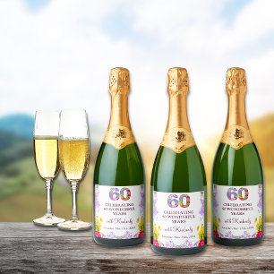 Floral elegant 60th birthday bottle flower 60 year sparkling wine label