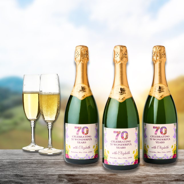 Floral elegant 70th birthday bottle flower 70 year sparkling wine label (Creator Uploaded)