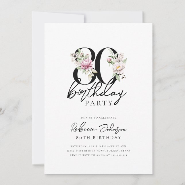 Floral Elegant 80th Birthday Invitation (Front)
