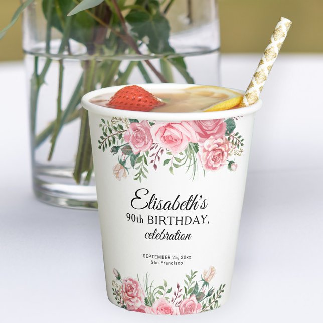 Floral elegant 90th birthday party  paper cups (Creator Uploaded)