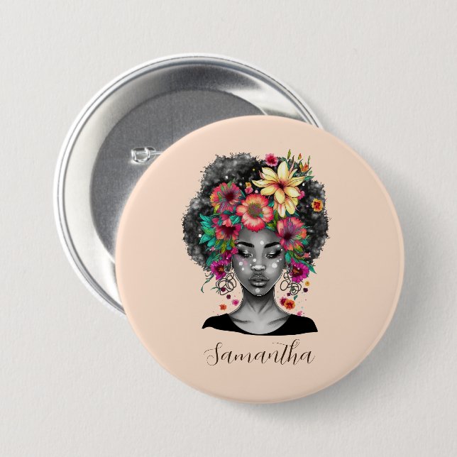 Floral Elegant Afro Woman 3 Inch Round Button (Front & Back)