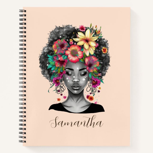 Floral Elegant Afro Woman Notebook (Front)