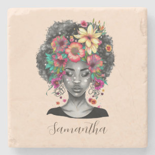 Floral Elegant Afro Woman Stone Coaster