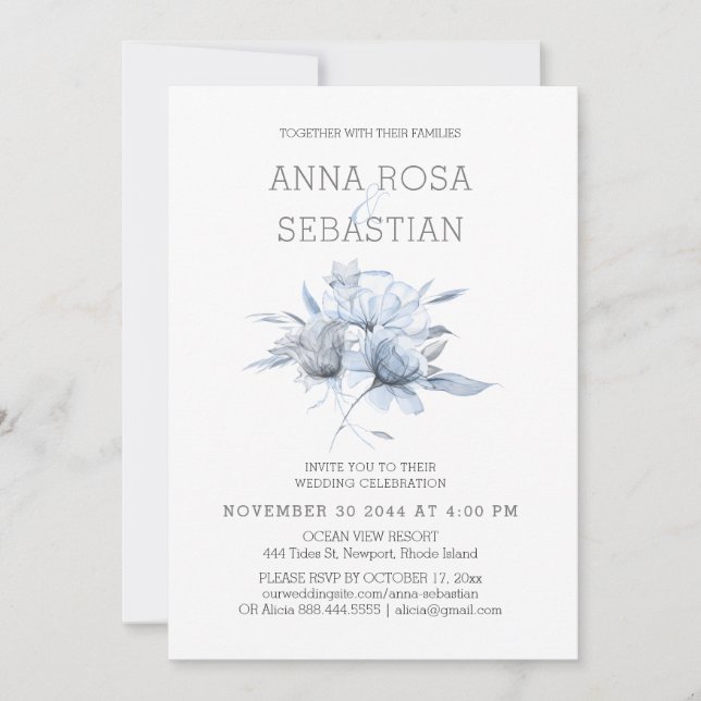 *~* Floral Elegant AR15 WEDDING Blue Rose RSVP +  Invitation (Front)