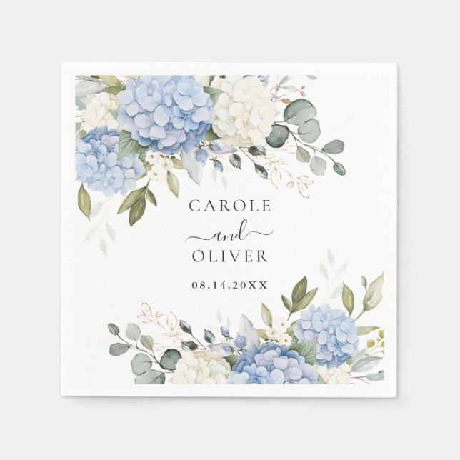 Floral Elegant Blue Hydrangea Greenery Wedding Napkin (Front)