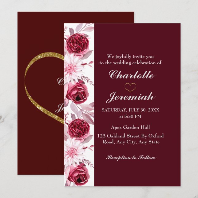 Floral Elegant Blush Pink Burgundy Script Wedding  Invitation (Front/Back)