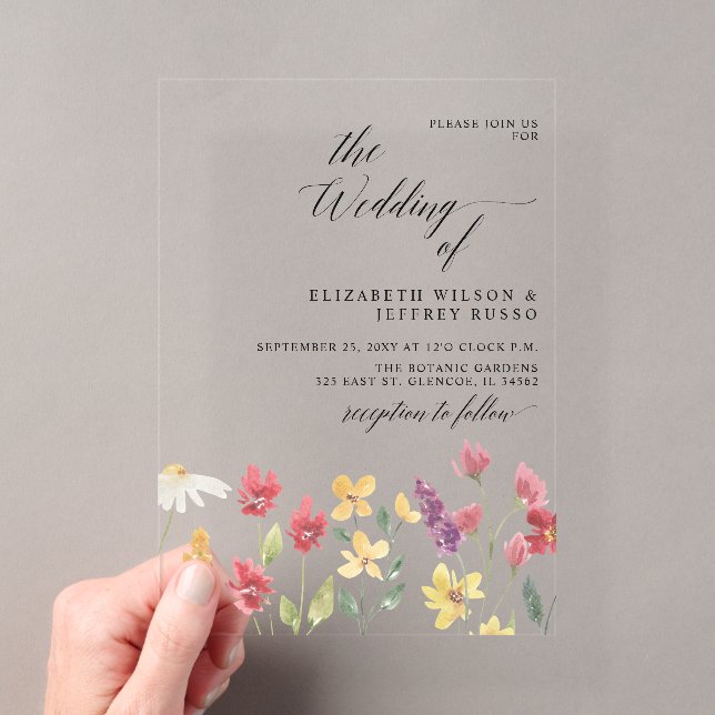 Floral Elegant Boho Summer Wildflowers Wedding Acrylic Invitations (Insitu (Handheld))