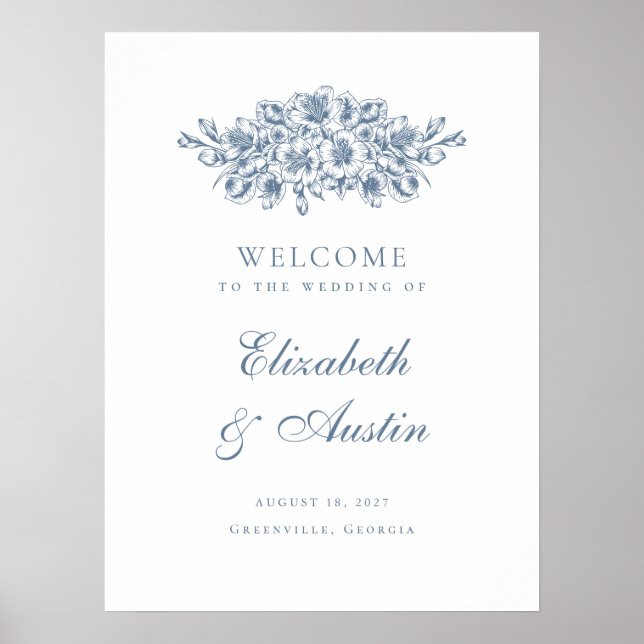 Floral Elegant Botanical Blue Wedding Welcome Sign (Front)