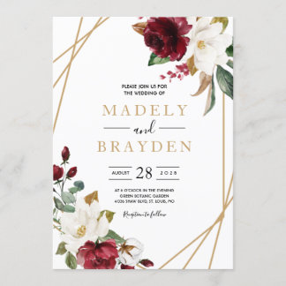 Floral Elegant Burgundy Magnolia Greenery Frame Invitation