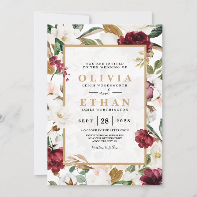 Floral Elegant Burgundy Magnolia Greenery Frame Invitation (Front)
