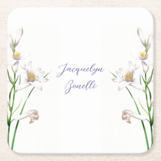 Floral Elegant Chic Calligraphy Name Lithograph Square Paper Coaster
