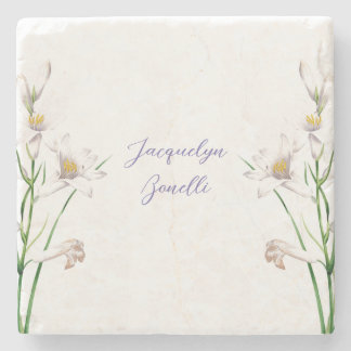 Floral Elegant Chic Calligraphy Name Lithograph Stone Coaster