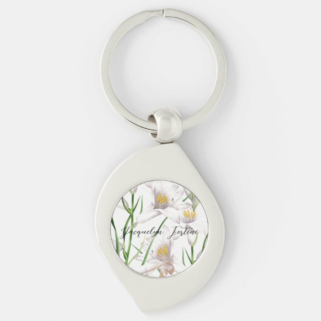 Floral Elegant Chic Cute Calligraphy Add Name Keychain (Front)