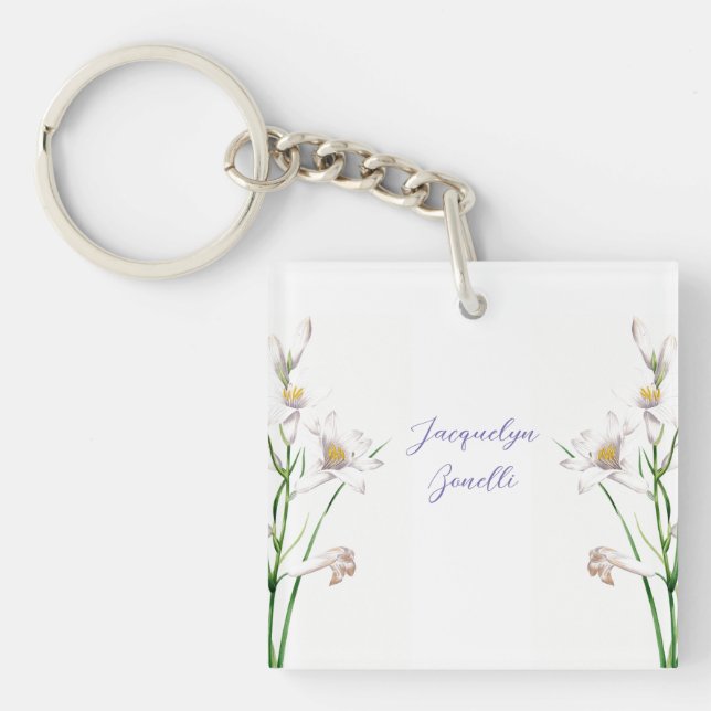 Floral Elegant Chic Cute Calligraphy Add Name Keychain (Front)