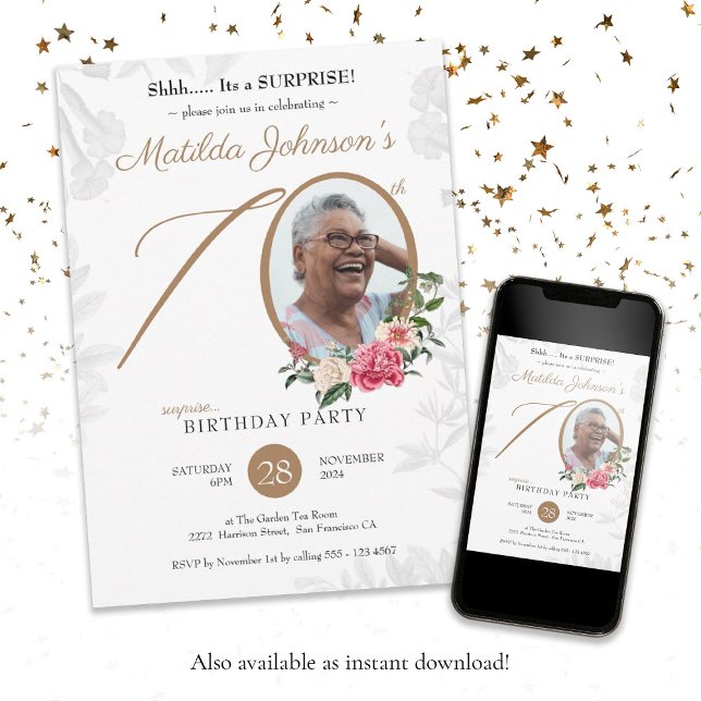 Floral Elegant Custom Photo Surprise 70th Birthday Invitation (Surprise 70th Birthday Floral Elegant Custom Photo Invitation)