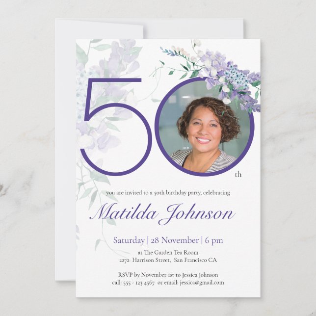 Floral Elegant Custom Purple Photo 50th Birthday Invitation (Front)