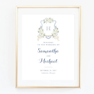 Floral Elegant Dusty Blue Crest Affiche de bienven