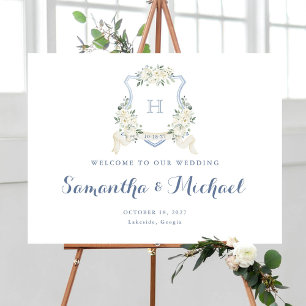Floral Elegant Dusty Blue Crest Affiche de bienven